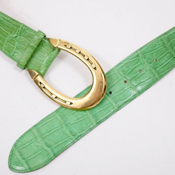 Ralph Lauren Collection Belt sz M alligator green gold horseshoe buckle